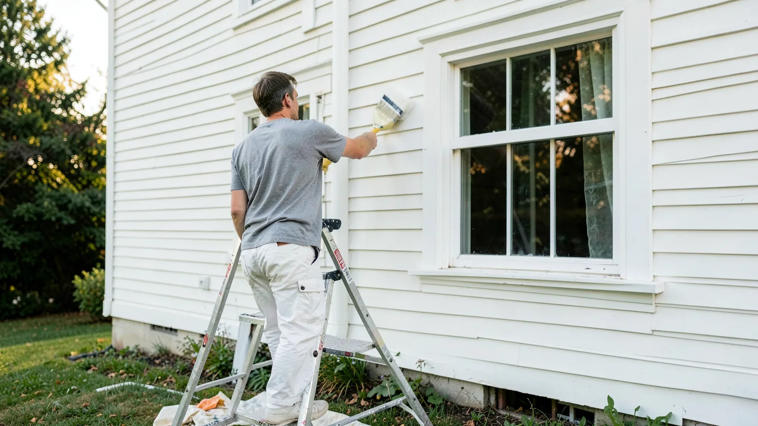 A painter brushing white trim on a clapboard house, seen from behind (illustrative, generated).