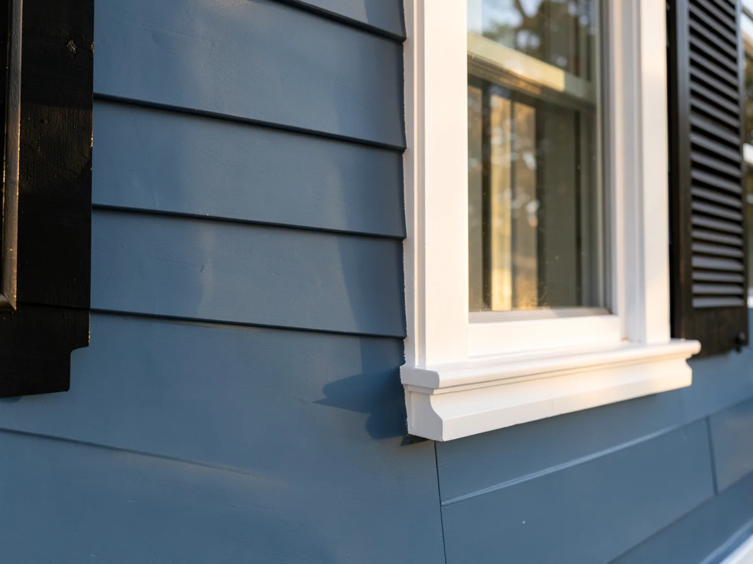 A white window casing and sill on slate-blue clapboard between black shutters (illustrative, generated).