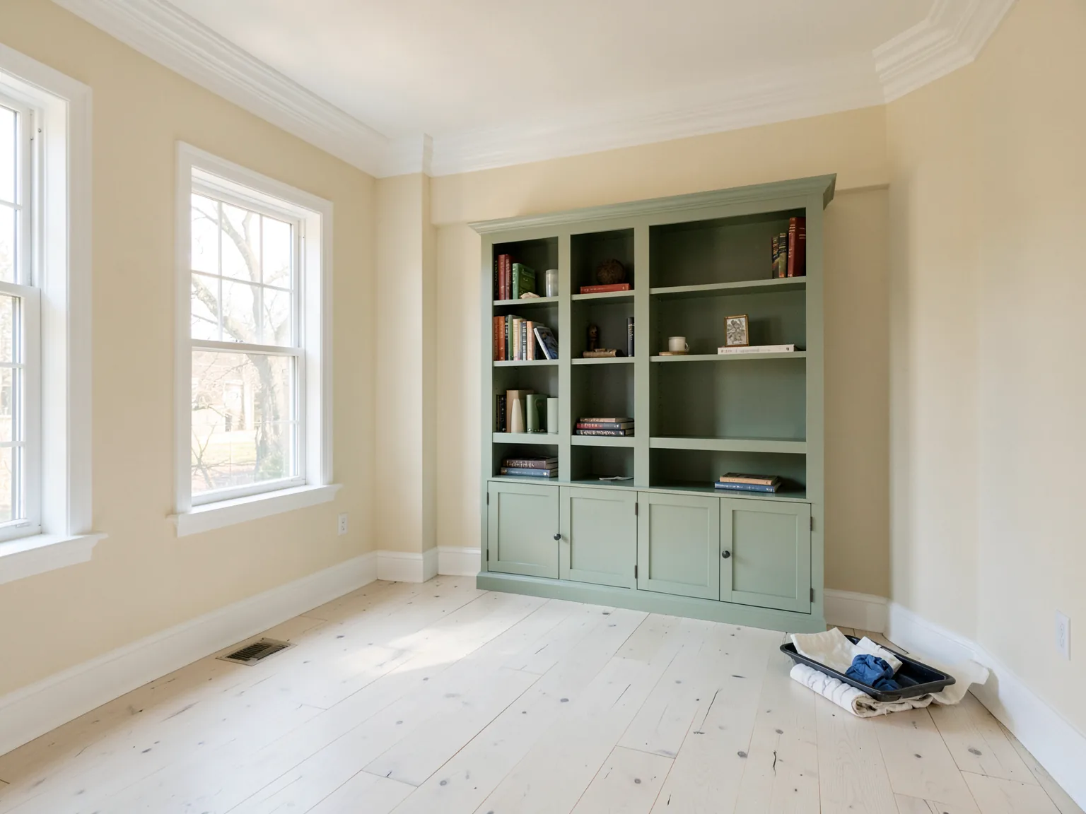 A freshly painted living room with warm-white walls, white trim and a sage-green built-in bookcase (illustrative, generated).