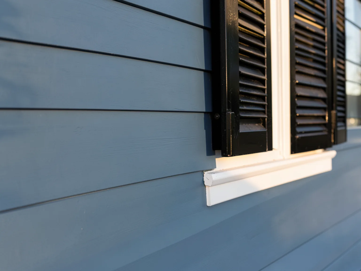Clean white window trim against slate-blue clapboard siding (illustrative, generated).
